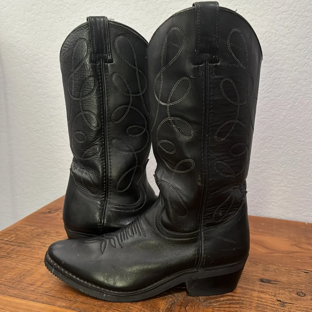 Vintage Mens Handmade Leather Cowboy Western Boots Black Low Heel Size 7M